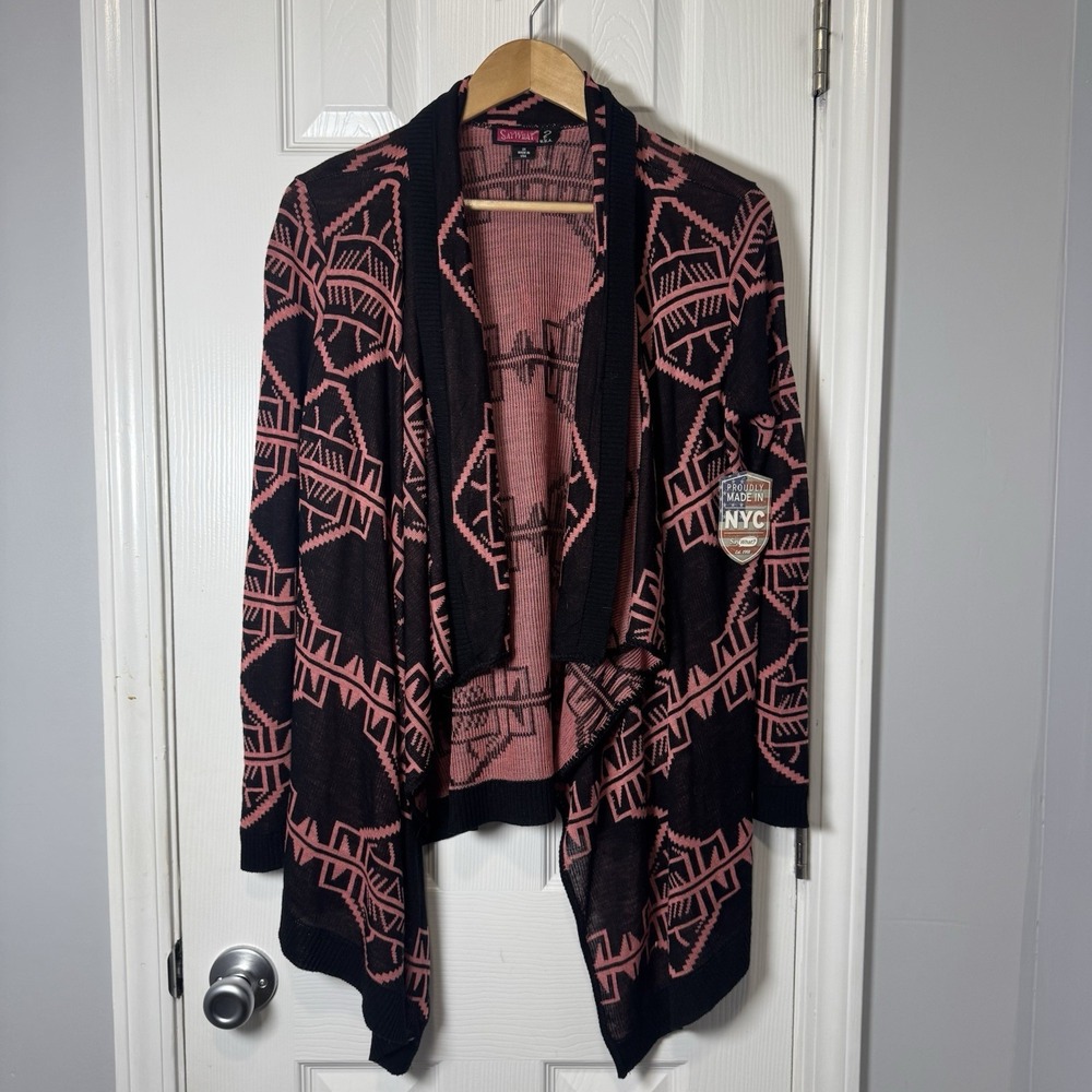 VTG Say What ? Womens Long Sleeve Open Front Geometric Cardigan Sweaters 2X USA